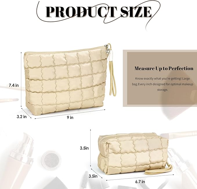 Richeart Makeup Bag Travel Toiletry Bag - Checkered Down Cotton Makeup Pouch for Women with Cosmetic and Pencil, Aesthetic Khaki Design, Large