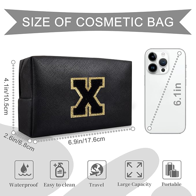 Personalized Initial A-Z Preppy Patch Makeup Bag,Small PU Chenille Letter Cosmetic Bag with Zipper for Teen Girls,Black Cute Toiletry Organizer Bag,Monogram Makeup Case Gift for Women Girls,Letter X