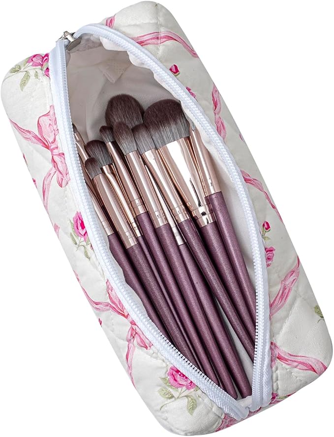 Cute Floral Cotton Makeup Brush Cosmetic Bag for Women, Travel Quilted Zipper Make Up Bag, Flowers Toiletry Organizer Case Kawaii Makeup Cosmetic Travel Cloth Pouch (Pink Bowknot)
