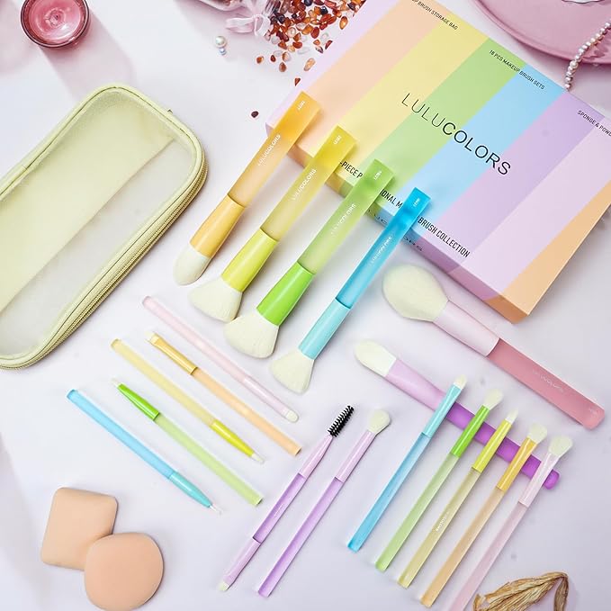 18-Pcs Makeup Brush Set for Beginners - Travel-Friendly with Soft Arthritis-Friendly Handles & Non-Shedding Bristles | Includes Storage Bag, Eyeshadow Brushes & Sponges (Multi-Color)