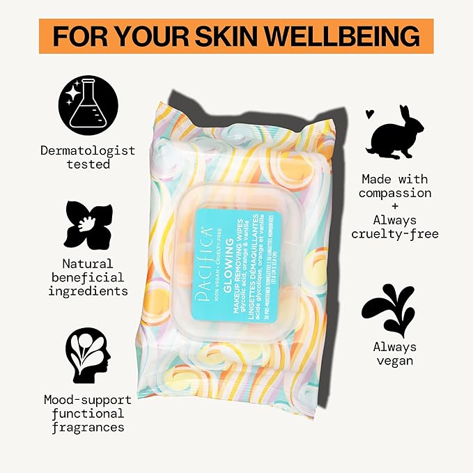 Pacifica Makeup Remover Face Wipes - Daily Facial Cleansing & Exfoliating Towelettes - Biodegradable - Organic - w/ Gycolic Acid - Clean Beauty Vegan & Cruelty-Free Dermatologist Tested 30 Count