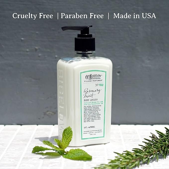 C.O. Bigelow Rosemary Mint Body Lotion, Village Perfumer Moisturizing Body Lotion with Aloe Vera, Borage Oil & Olive Oil, 10 Fl Oz