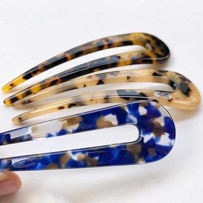 French Hair Forks Tortoise Shell U Shape Updo Hair Pins Clips for Thin Thick Hair, 4.3 inch Classic Cellulose Acetate 2 Prong Bun Hair Sticks Chignon Women Vintage Hairstyle Accessories, 3 Pack