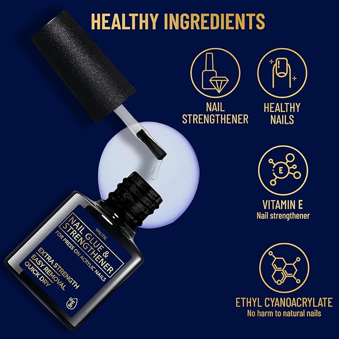 Valitic Strong Nail Glue and Strengthener for Acrylic and Press On Nails - Quick Dry Brush On Gel for Long Lasting Effect - Adhesive Nail Bond for False Nails with Tips Strengthener - 2 PACK
