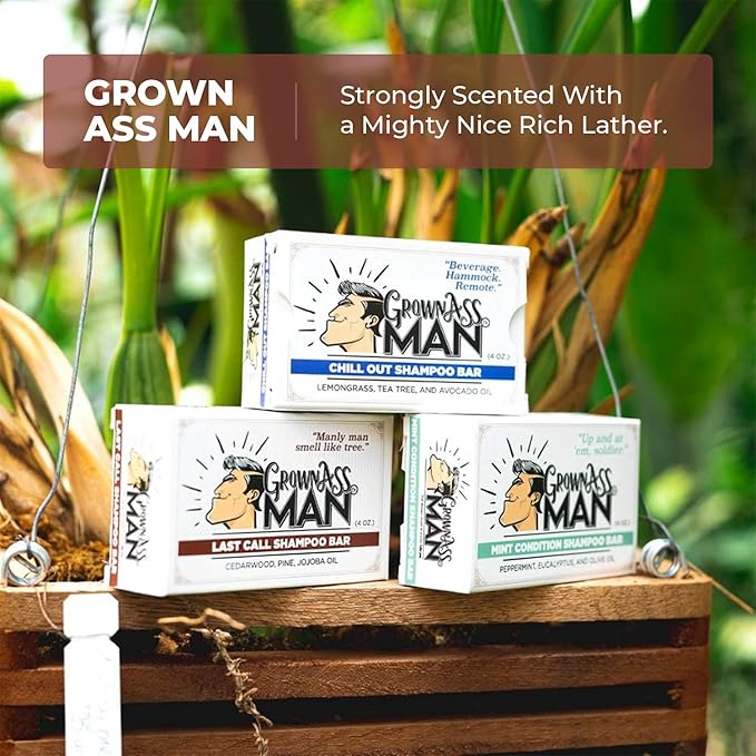Grown Ass Man Co. - Solid Shampoo Bar Rich Lather 3 in 1: Hair, Beard & Body Wash - Plastic Free & Eco-Friendly, Natural & Organic Clean for All Hair Types, 4oz Bar (Last Call, 3-Pack)