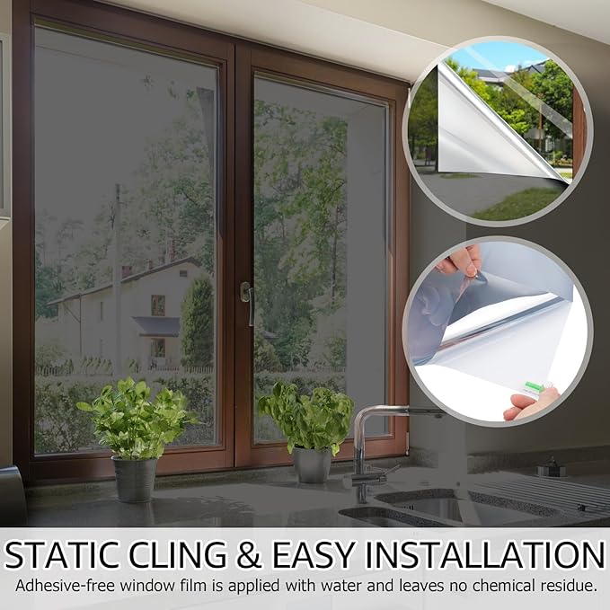 HIDBEA One Way Window Film, Daytime Privacy Sun Blocking Reflective Window Film No Glue Static Cling Heat Control Window Tinting Film for Home and Office, Black Silver, 23.6 x 78.7 Inch