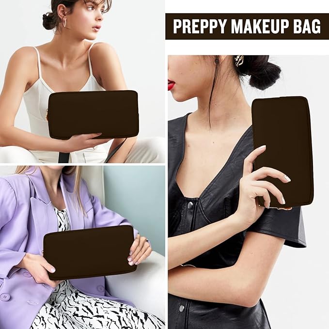 Nylon Small Makeup Bag for Purse, Cute Preppy Makeup Bag Cosmetic Zipper Pouch Purse, Waterproof Portable Travel Toiletry Bag Clutch Make Up Brush Bag Organizer Storage for Women Men Girls(Brown)