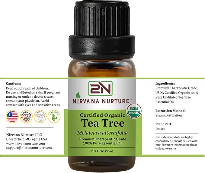 Tea Tree Essential Oil USDA Certified Organic, 100% Pure Natural Premium Grade, Undiluted- Aromatherapy Diffuser for Calm and Relaxation, Skin Care, Hair Care