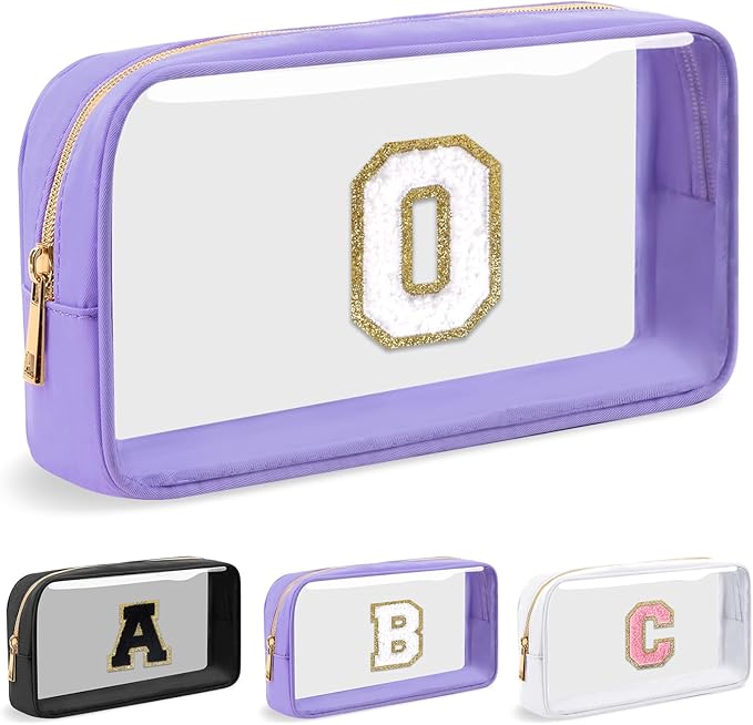 Personalized Initial Letter Clear Makeup Bag,Preppy Small Nylon&PVC Cosmetic Zipper Bag with Chenille Letter,Travel Skincare Toiletry Bag,Monogram Christmas Gift for Teen Girls Women,O