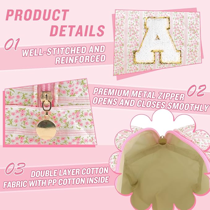 Personalized Quilted Cosmetic Bag, Puffy Monogrammed Christmas Birthday Gifts for Women & Girls, Cute initial Floral Makeup Bag Puffer Coquette Bag, Aesthetic Travel Toiletry Zipper Pouch(Pink,A)