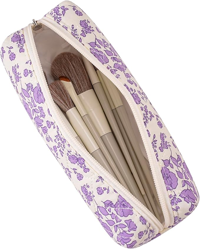 Cute Floral Cotton Makeup Brush Cosmetic Bag for Women, Travel Quilted Zipper Make Up Bag, Flowers Toiletry Organizer Case Kawaii Makeup Cosmetic Travel Cloth Pouch (Blue+Big Purple Floral)