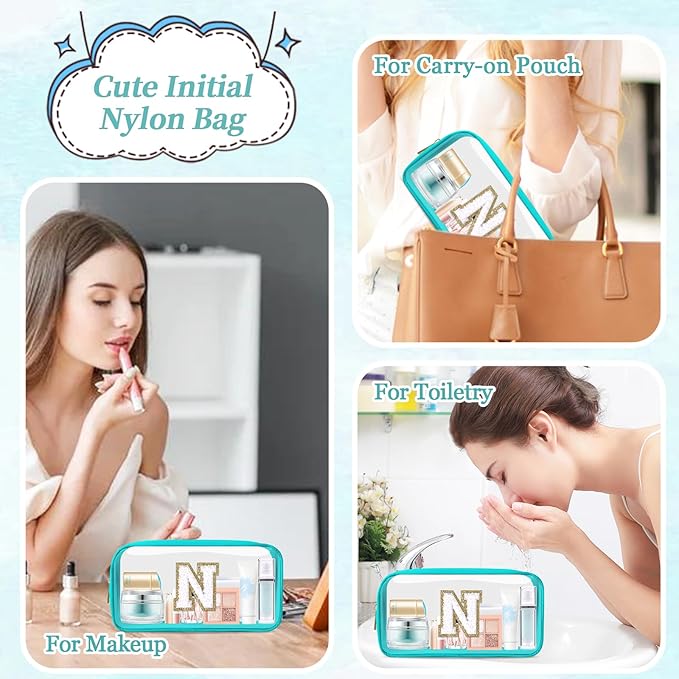 Small Clear Personalized Initial Makeup Bag,Nylon Preppy A-Z Chenille Letter Patch Cosmetic Pouch Beach Toiletry Bag,Waterproof Zipper Travel Purse Storage Bag Organizer for Women Girls(Cyan-White N)