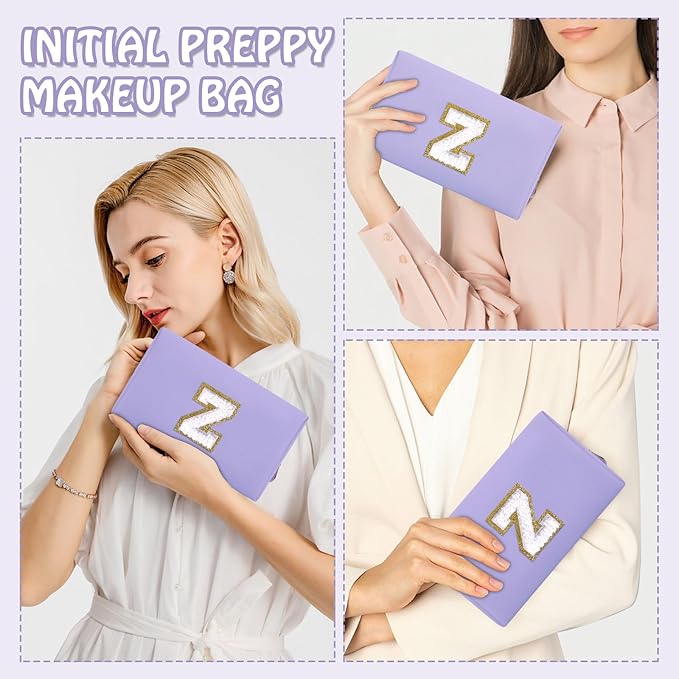 Small Initial Preppy Makeup Bag, Personalized Cute Purple Cosmetic Organizer Chenille Letter Travel Toiletry Zipper Pouch for Purse, Waterproof PU Makeup Case Birthday Gifts for Women Friend(Letter Z)