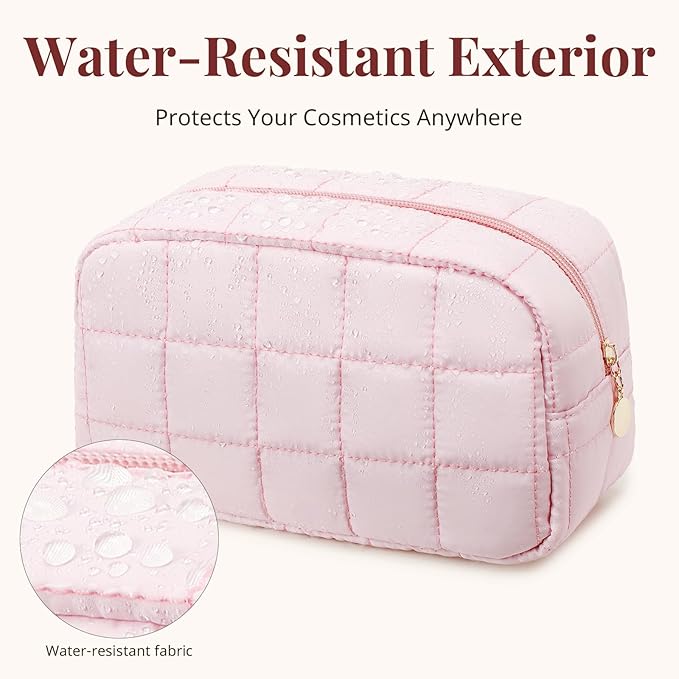 Makeup Bag for Women, Travel Cosmetic Bag Organizer with Compartments, Quilted Puffy Toiletry Pouch for Brushes, Essentials and Accessories, Pink