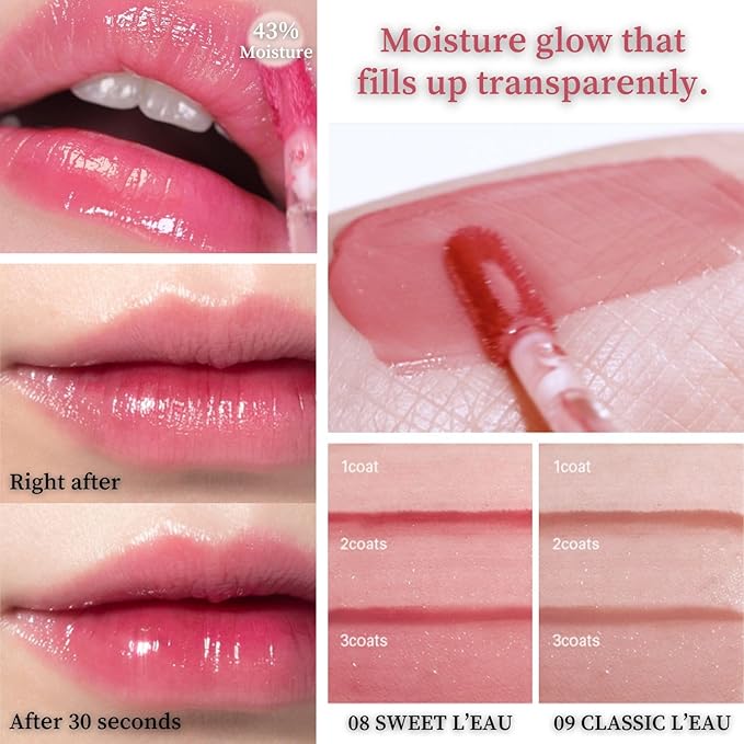 BBIA L’EAU Tint – Glossy & Glow Lip Stain, Watery Lip Tint, Non-Sticky, High Shine Finish, Long-lasting, Moisturizing, Lightweight, Natural, Daily Use, Vegan, Korean Lip Makeup (08 SWEET L'EAU)