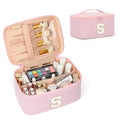 OCHEAL Makeup Bag for Women, Monogram Cosmetic Bag with Brush Holder, Pink Travel Makeup Case Beauty Toiletry Bag Organizer Personalized Gifts for Girls Bridesmaid, Sister, Wife, Friends Initial S