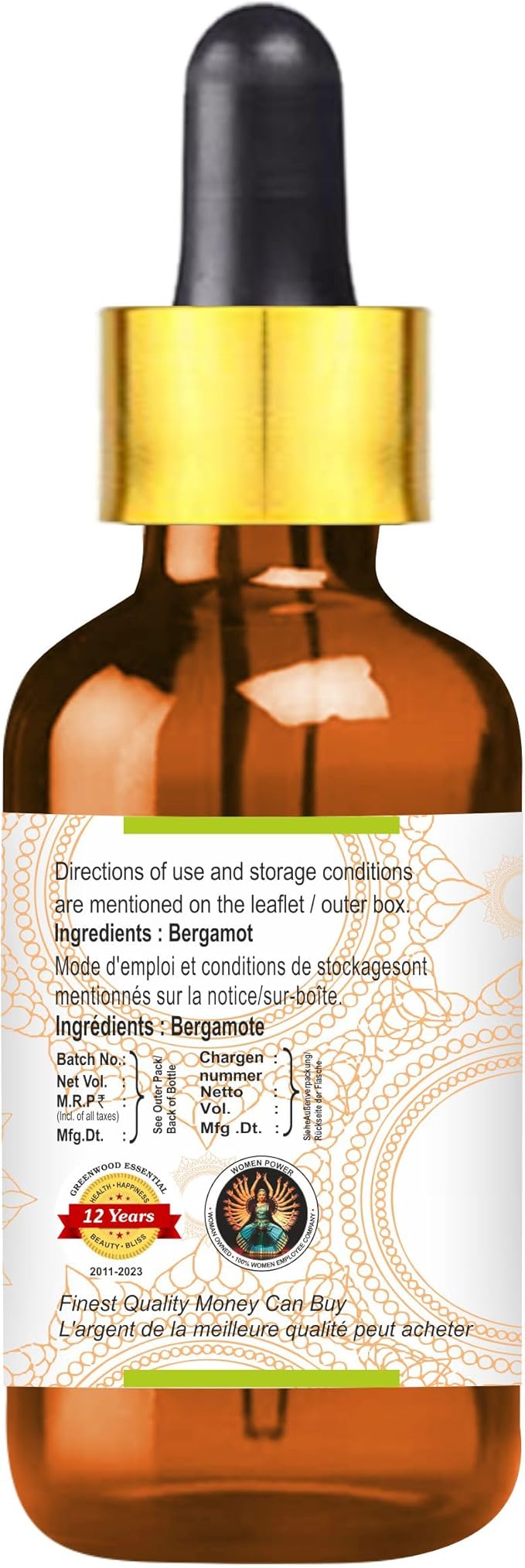 Greenwood Essential Pure Bergamot Essential Oil (Citrus bergamia) with Glass Dropper Steam Distilled 30ml (1 oz)