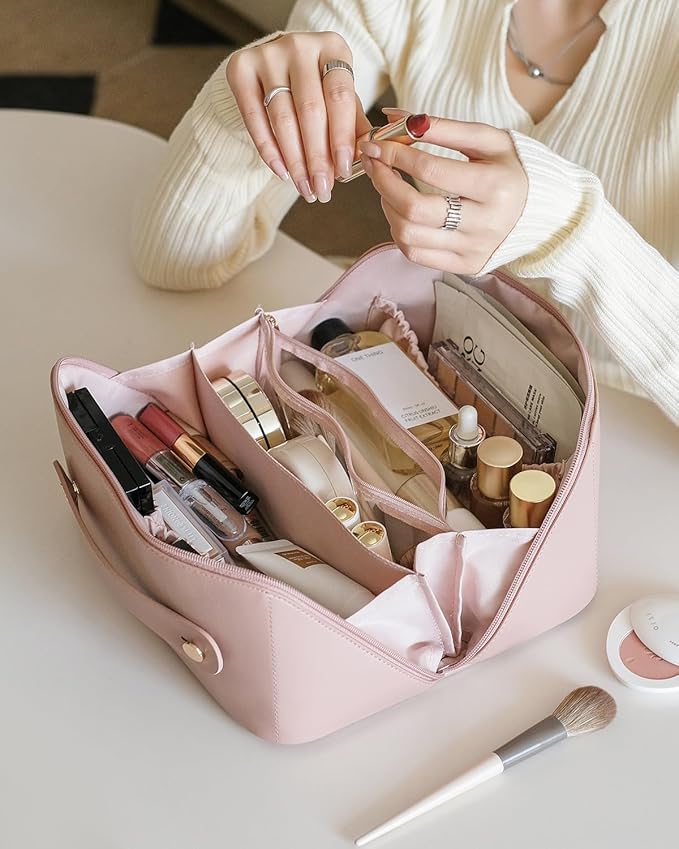EACHY Travel Makeup Bag,Large Capacity Cosmetic Bags for Women,Waterproof Portable Pouch Open Flat Toiletry Bag Pattern Makeup Bag