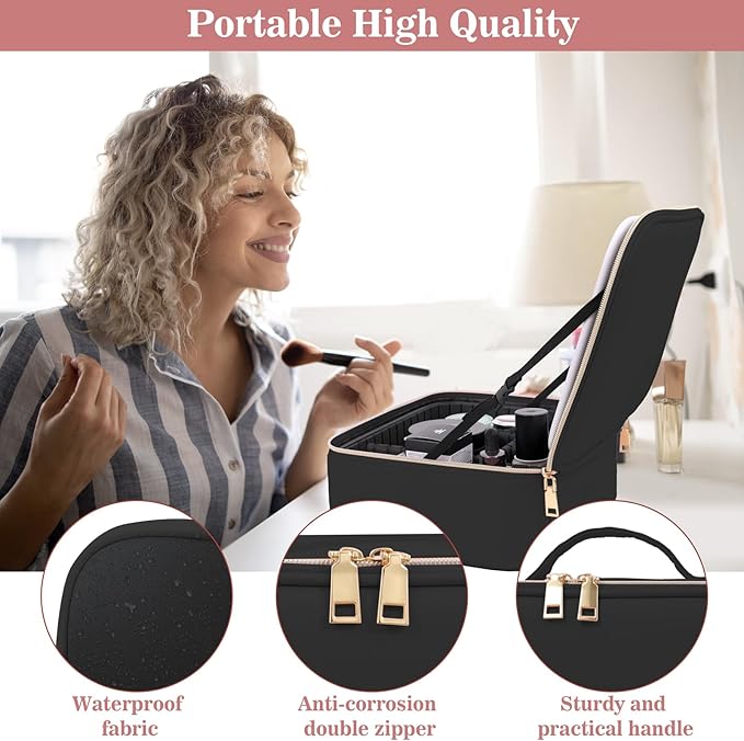 Makeup Case with LED Mirror,Makeup Organizer Bag Travel Makeup Case Large Makeup Bag With Rechargeable Mirror 3 Color Lights Detachable Mirror for Women Beauty Tools Accessories（Black）