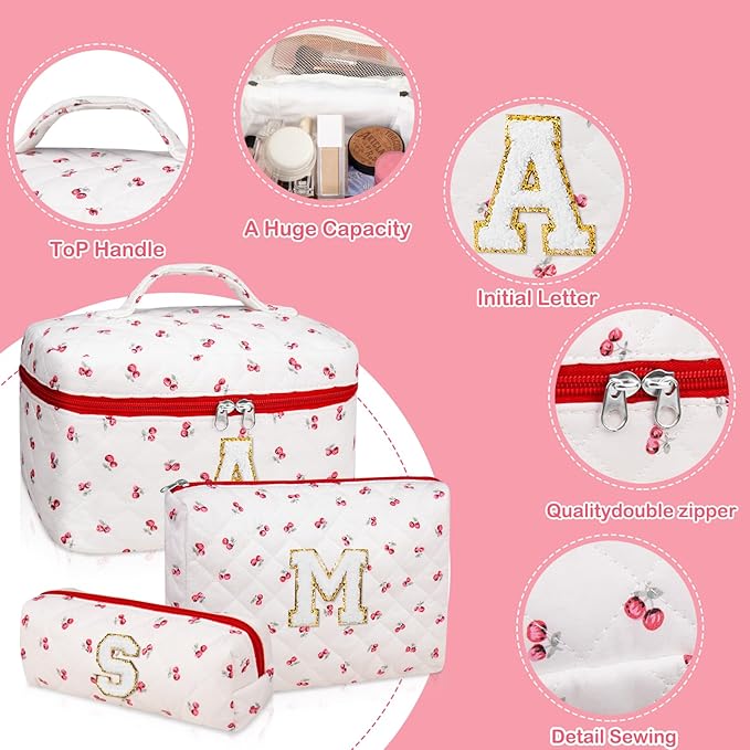 Initial Makeup Bag Set, Personalized Quilted Makeup Bag, Large Floral Cosmetic Bag for Women, Cute Cotton Custom Make up Bags, Flower Travel Toiletry Bag Teen Girl Gift Trendy Stuff Gift Red Cherry E