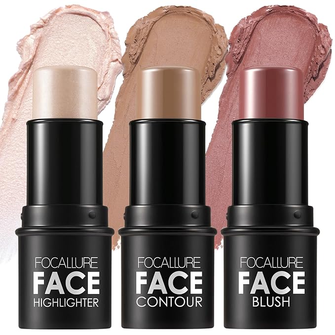 FOCALLURE 3PCS Cream Contour Stick - Highlighter Bronzer Blush Set for Face Sculpting, Non-Greasy Longwear Makeup, Easy to Blend with Natural Matte Finish,SET 8