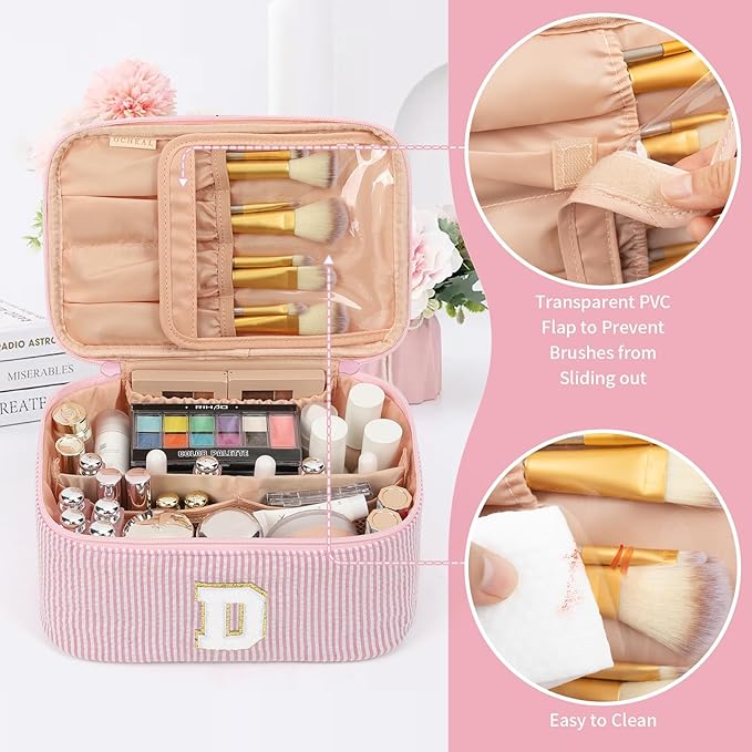 OCHEAL Makeup Bag for Women, Monogram Cosmetic Bag with Brush Holder, Pink Travel Makeup Case Beauty Toiletry Bag Organizer Personalized Gifts for Girls Bridesmaid, Sister, Wife, Friends Initial D