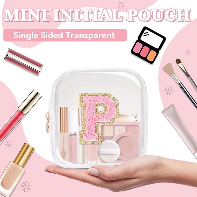Mini Clear Personalized Initial Makeup Bag,Small Nylon Waterproof Zip Beach Cosmetic Pouch,Preppy A-Z Chenille Letter Patch Cute Coin Purse Travel Toiletry Bag Car Pack Bag for Women(White-Pink P)
