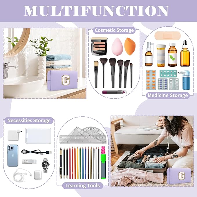 Personalized Makeup Bag Initial A-Z Preppy Patch Bag,Small PU Leather Travel Cosmetic Bag Pouch with Zipper,Purple Cute Toiletry Bag,Gift Ideal for Teen Girls Women Birthday Friend Mom,Latter G