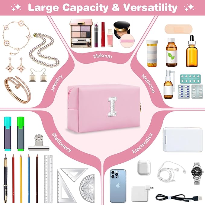 ChaoGreat Bride Gifts – Personalized Initial Makeup Bag with Pearl Rhinestone Patch, Preppy Pink Monogram Cosmetic/Toiletry Pouch, bridesmaid Gifts, Bridal Shower Gifts, Wedding Gifts, Bridal Gifts,I