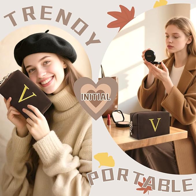 Personalized Initial Makeup Bag,Preppy Suede Cosmetic Bag for Teen Girls,Small Monogram Travel Toiletry Bag With Gold Embroidered Letter,Trendy Stuff Custom Christmas Gift for Women(Coffee-V)