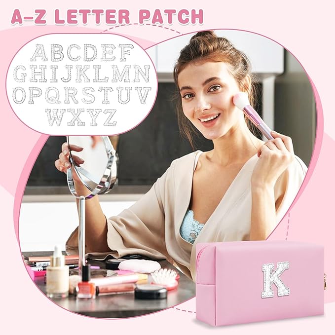 ChaoGreat Bride Gifts – Personalized Initial Makeup Bag with Pearl Rhinestone Patch, Preppy Pink Monogram Cosmetic/Toiletry Pouch, bridesmaid Gifts, Bridal Shower Gifts, Wedding Gifts, Bridal Gifts,K
