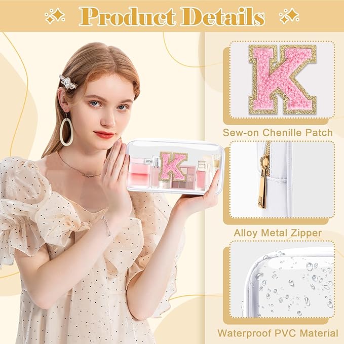 Personalized Initial Letter Clear Makeup Bag,Preppy Small Nylon&PVC Cosmetic Zipper Bag with Chenille Letter,Travel Skincare Toiletry Bag,Monogram Christmas Gift for Teen Girls Women,K