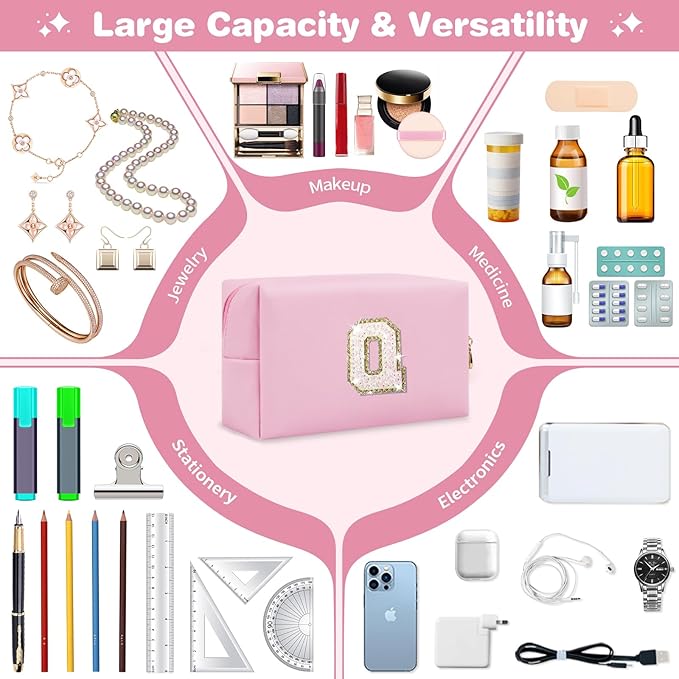 Small Personalized Initial A-Z Patch Makeup Bag,Pink Cute PU Leather Glitter Letter Cosmetic Bag for Teen Girls,Travel Toiletry Bag with Zipper,Preppy Monogrammed Birthday Gift for Daughter Niece Q