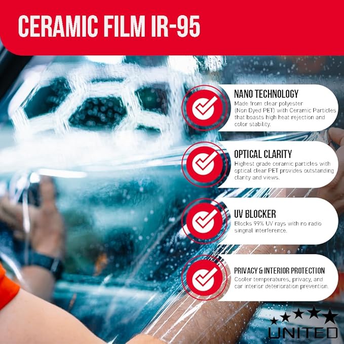 United Ceramic Pro Window Tint Car 20In x100Ft 2Ply Nano Ceramic IR-95 with 50% VLT - Outstanding Clarity & Views Window Tint for Car Home Blocks UV/IR Rays, Adhesive Film W/Lifetime Color Stability