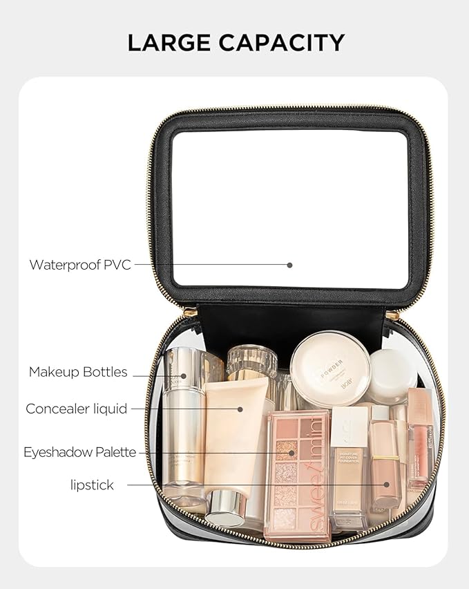 Medium Clear Makeup Bag for Women, Portable Travel Makeup Bag Organizer Waterproof Toiletry Bag Cute Makeup Bags Cosmetic Bag Makeup Pouch, Black