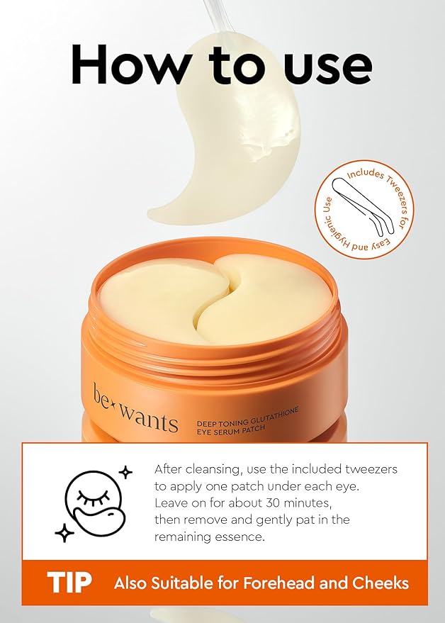 Bewants Hydrogel Eye Patches with Deep Toning Glutathione, 60 Patches, Under Eye Masks for Brightening and Radiance, Caffeine & Niacinamide patches, Korean Skincare