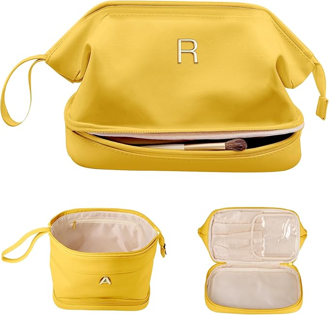 Womens Gift, Initial Makeup Bag, Travel Gifts, Personalized Bags, Waterproof Double Layer Cosmetic Bag, Large Capacity PU Leather Makeup Bags Letter Travel Toiletry Bag, Friend Gifts