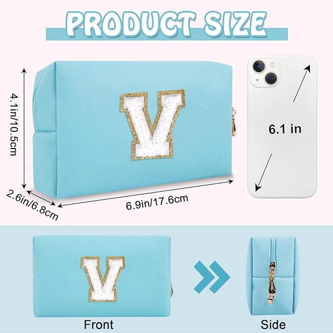 Personalized Initial Preppy Patch Makeup Bag, Cute Blue Cosmetic Organizer Travel Toiletry Zipper Pouch Small Makeup Bag for Purse, PU Leather Make Up Storage Valentines Day Gifts for Women(Letter V)