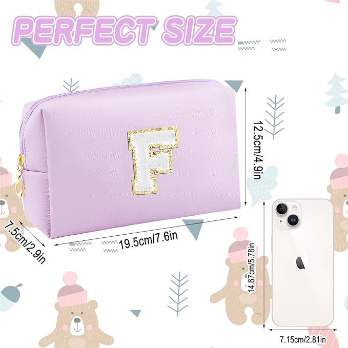 Gifts for Girls Initial Makeup Bag Personalized Cosmetic Bag with Zipper Cute Travel Toiletry Bag Waterproof PU Preppy Makeup Pouch Birthday Gift for Teen Girls Women(Purple F)