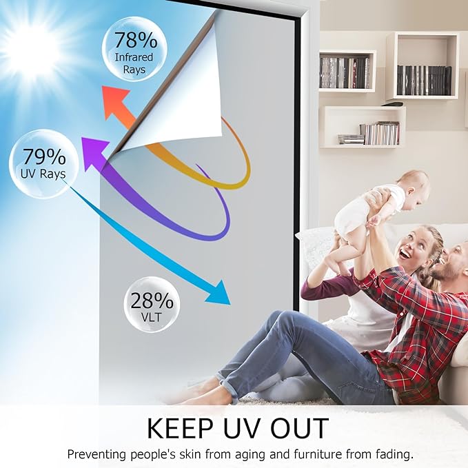 HIDBEA One Way Privacy Window Film, Daytime Privacy Sun Blocking Anti UV Reflective Window Film Heat Control Static Cling Window Tint Film for Home and Office, Silver, 17.5 x 78.7 Inch