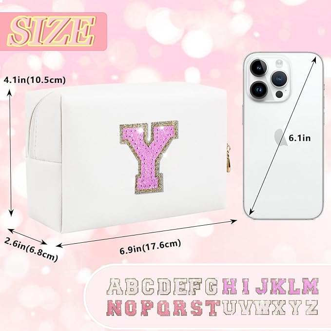 Initial Letter Patch Makeup Bag, Preppy Glitter Pouch Cosmetic Bag, Small PU Travel Toiletry Bag Zipper, Personalized Monogrammed Gift for Friends, Sisters & Teens (Y)