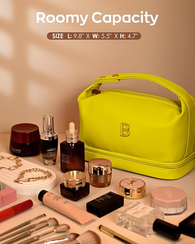 Girl Gift Ideas, Travel Makeup Bag with Handle, Initial Double Layer Cosmetic Bag with Makeup Brush Organizer, Cute Cosmetic Pouch for Women, Birthday Gifts for 8 9 10 11 12 13 Year Old Girls