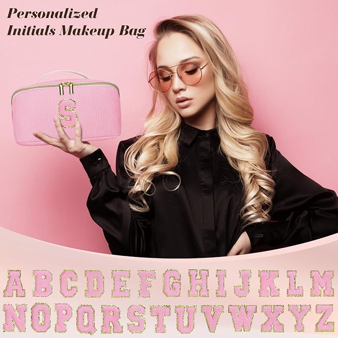 Personalized Initial Makeup Bag,Christmas Gifts for Girl,Preppy Bag Cosmetic Travel Bag Women,Travel Toiletry Organizer,Large Capacity Corduroy Stuff Bag,Cute Cosmetic Pouch Skincare Bag-T