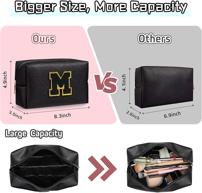 TOPEAST Preppy Makeup Bag, Small Cosmetic Travel Bags for Women, PU Leather Waterproof Toiletry Bag with Zipper, Personalized Birthday Gift for Women Girl, Preppy Gifts for Girl (Black Z)