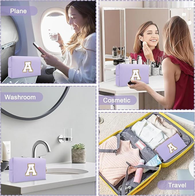 Personalized Initial Preppy Patch Makeup Bag, Small Cute Purple Cosmetic Zipper Pouch Makeup Organizer Travel Toiletry Organizer,Monogram Waterproof PU Chenille Letter Storage Bags for Women(Letter A)