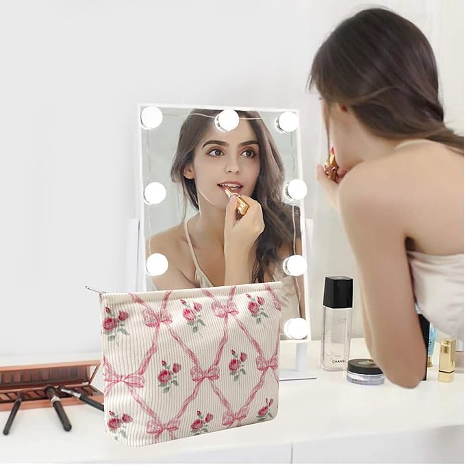 Cosmetic Bags for Women - Corduroy Cosmetic Bag Aesthetic Women Handbags Purses Smile Dots Makeup Organizer Storage Makeup Bag Girls Case Bags (Flowers-Navy blue)