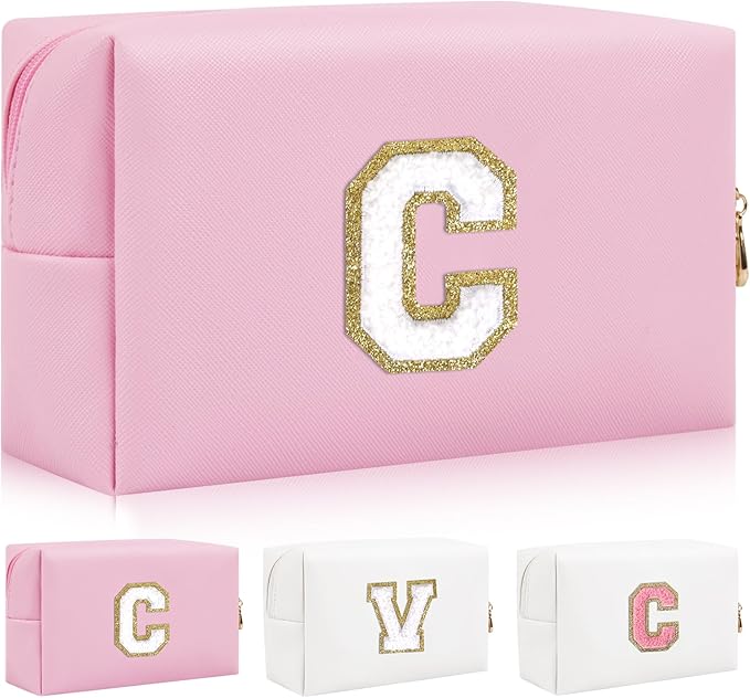 Personalized Initial Letter Patch Makeup Bag, Preppy Portable Chenille Letter Cosmetic Bag with Zipper, PU Leather Waterproof Travel Toiletry Bag Monogram Make Up Pouch for Women Girls