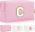 Personalized Initial Letter Patch Makeup Bag, Preppy Portable Chenille Letter Cosmetic Bag with Zipper, PU Leather Waterproof Travel Toiletry Bag Monogram Make Up Pouch for Women Girls