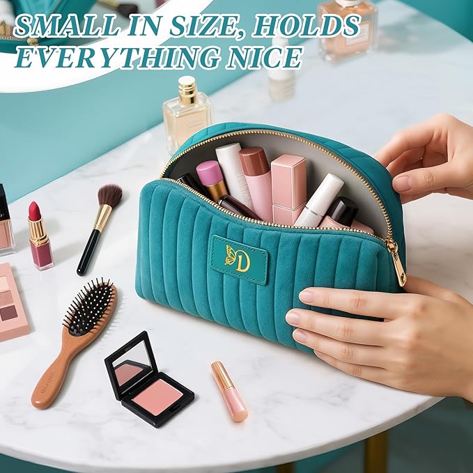 Monogrammed Make Up Bags for Women,Personalized Cosmetic Bags Women,Small Quilted Makeup Pouch,Cute Makeup Bag Travel,Birthday Gifts for Teen Girl (Blue D)