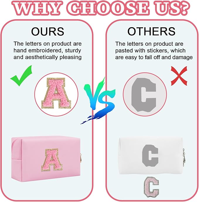 Personalized Initial Letter Patch Makeup Bag, Preppy Small Chenille Cosmetic Bag with Zipper, PU Leather Waterproof Travel Toiletry Bag Monogram Make Up Pouch for Women Girls